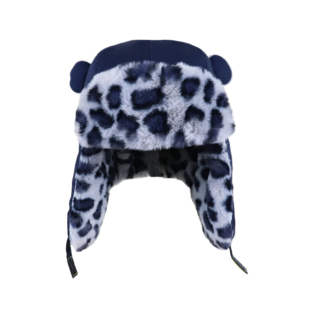 Leopard print winter hat with ear flaps on a white background