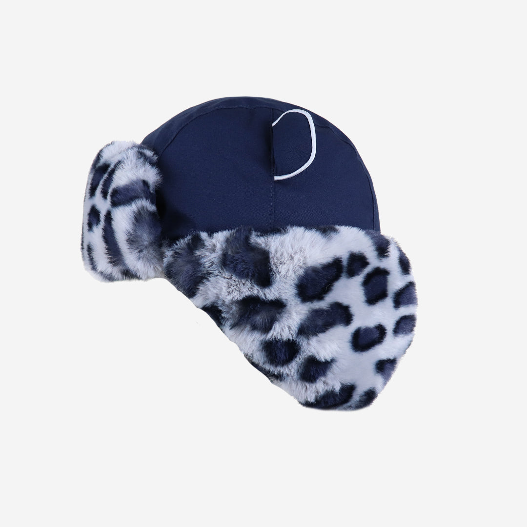 Navy blue cap with white and gray leopard print brim on a light gray background