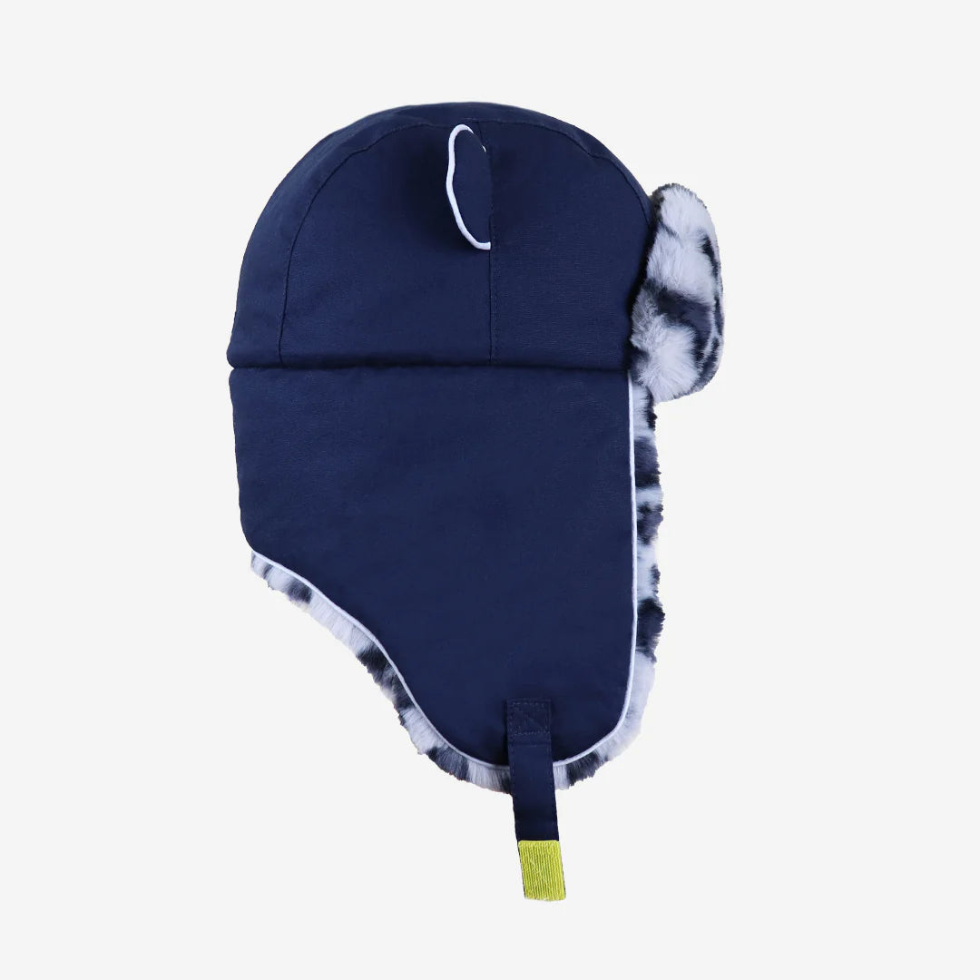 Navy blue winter hat with fur trim on a white background