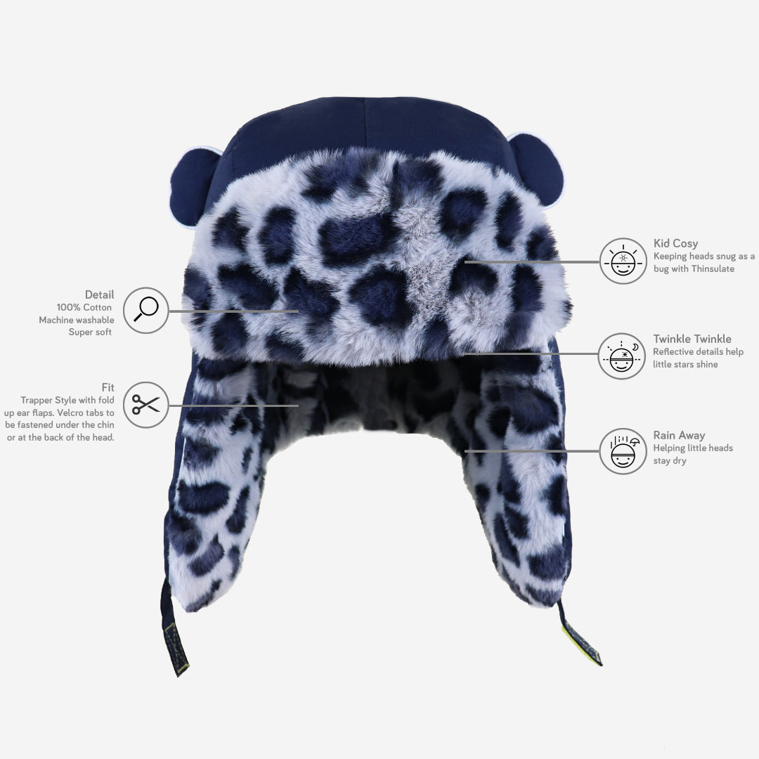 Leopard print hat with ear flaps on a white background