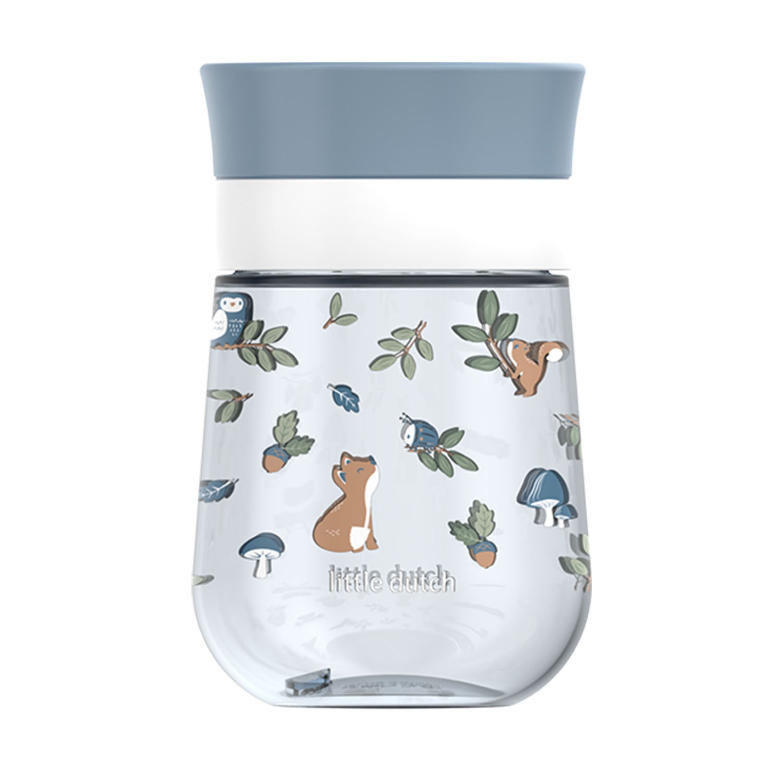 A clear Little Dutch 300ml 360-degree drinking cup with a light blue top rim, featuring a woodland animal "Forest Friends" design on the main body.