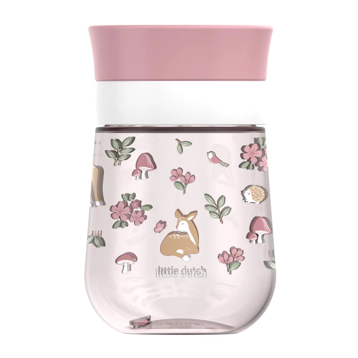 A clear Little Dutch 300ml 360-degree drinking cup with a light pink top rim, featuring a woodland animal "fairy garden" design on the main body.