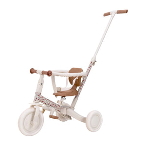 Natural wood tricycle converted to two-wheel balance bike for learning