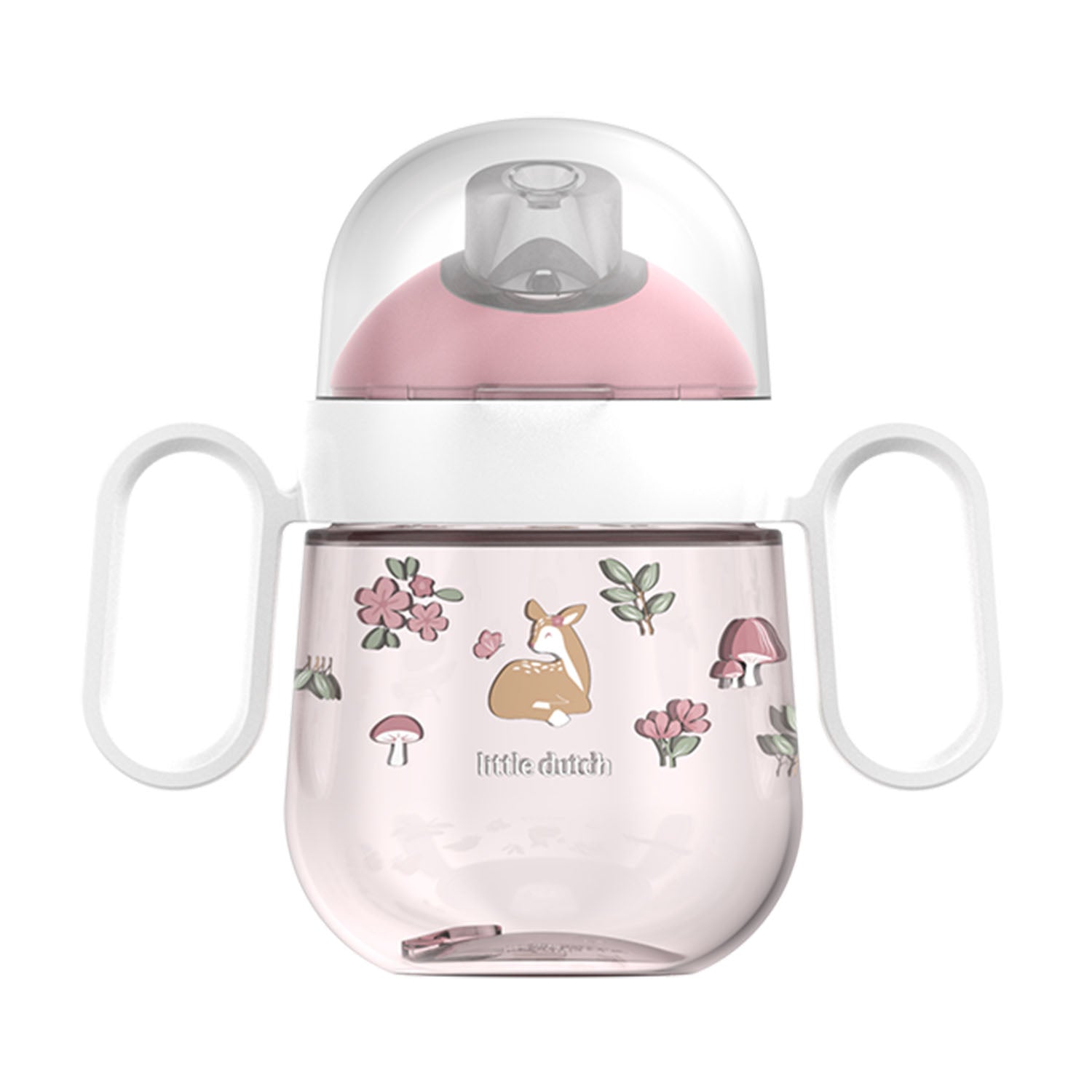 Front view of the Little Dutch 200ml antileak spout cup featuring the pink Fairy Garden woodland design, light pink lid, and white handles on a white background.