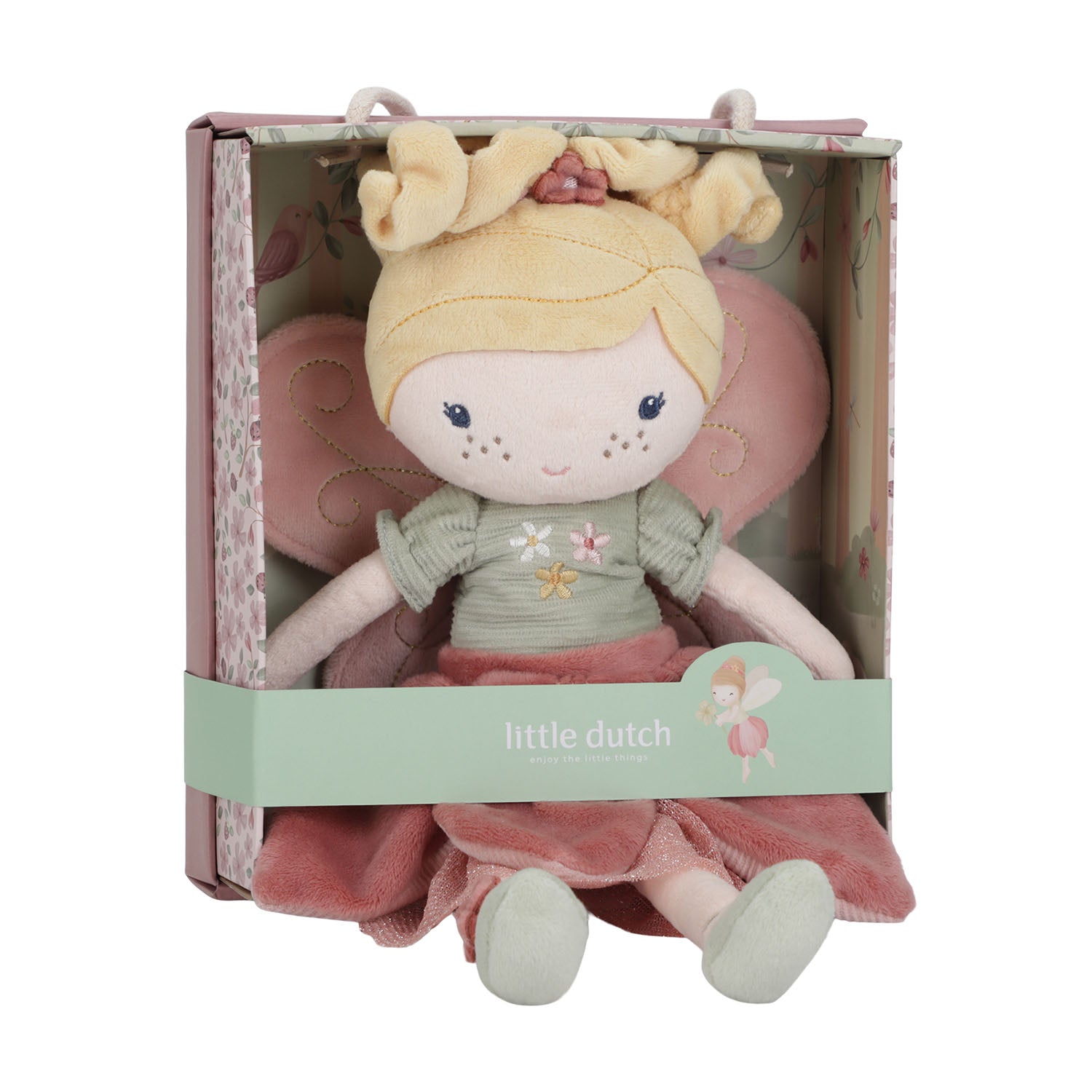 Little dutch fairy mila in pink floral dress with a soft, layered skirt that matches the Fairy Garden theme.