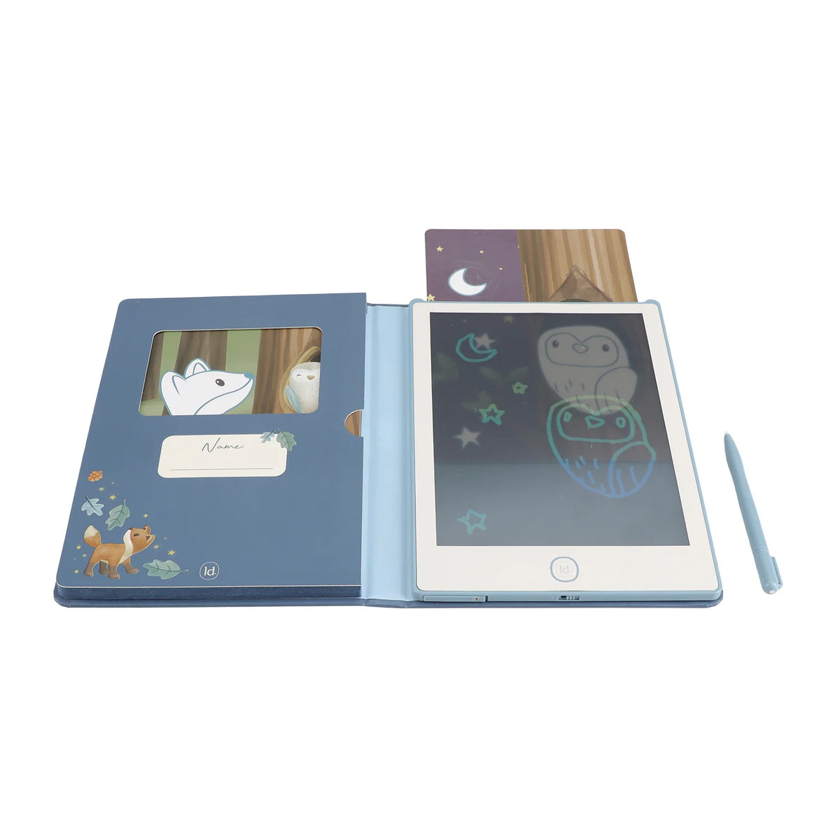 Little Dutch Drawing Tablet Blue Forest Friends open showing screen, stylus and card slot