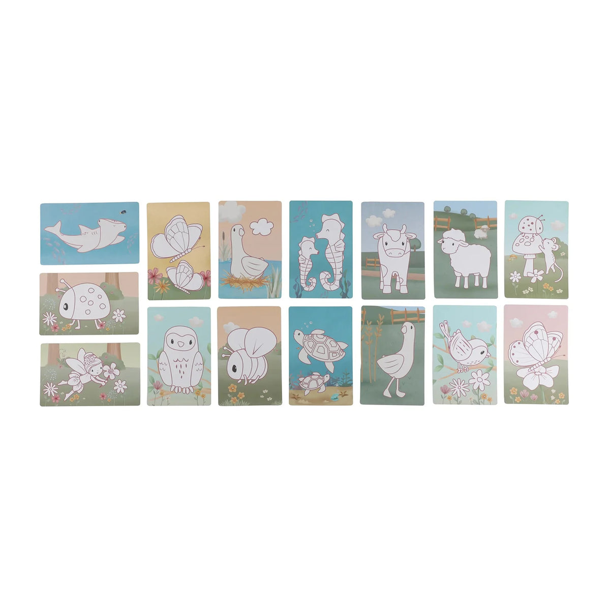 Close-up view of Fairy Garden themed trace-and-draw inspiration cards laid out