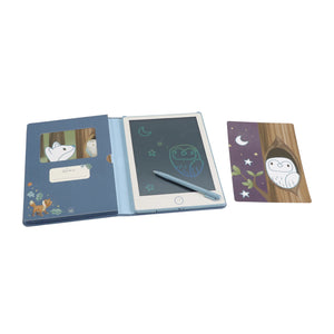 Inside spread showing screen, storage pocket and card slots in Blue Forest Friends design