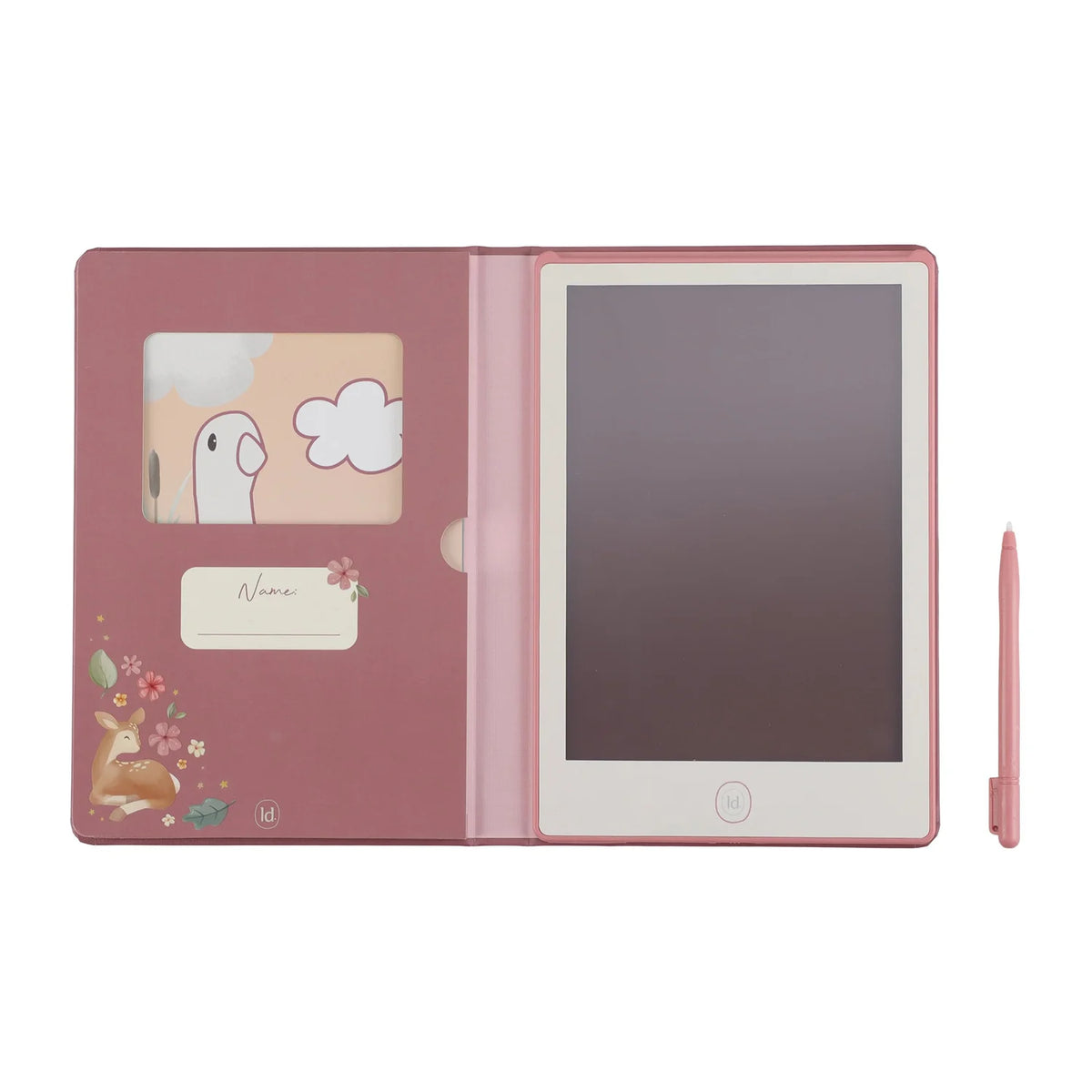 Inside view showing storage pocket, screen and stylus holder in pink Fairy Garden design
