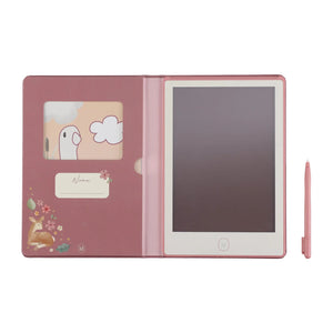 Inside view showing storage pocket, screen and stylus holder in pink Fairy Garden design
