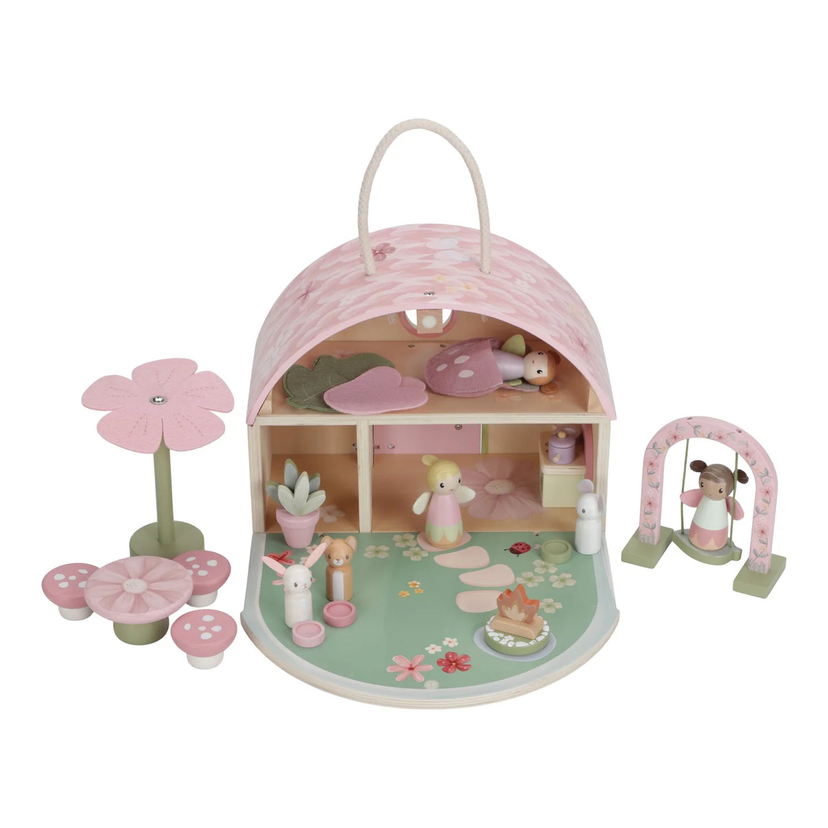 Little Dutch Fairy House fully open showing interior, fairies and parasol