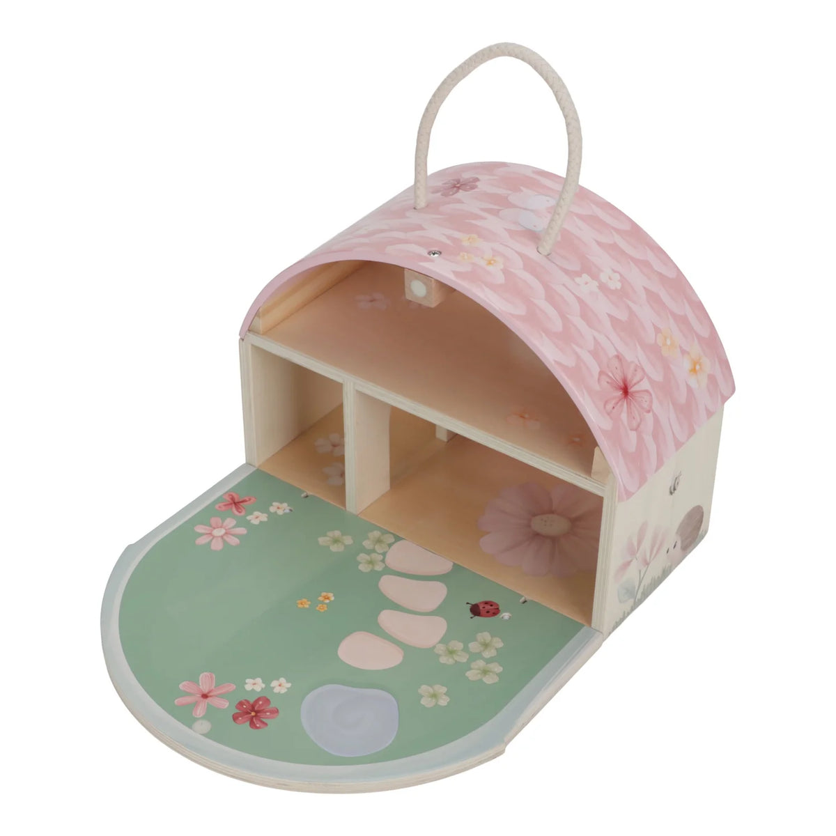 Little Dutch Fairy House side view showing soft pink finish and flower details
