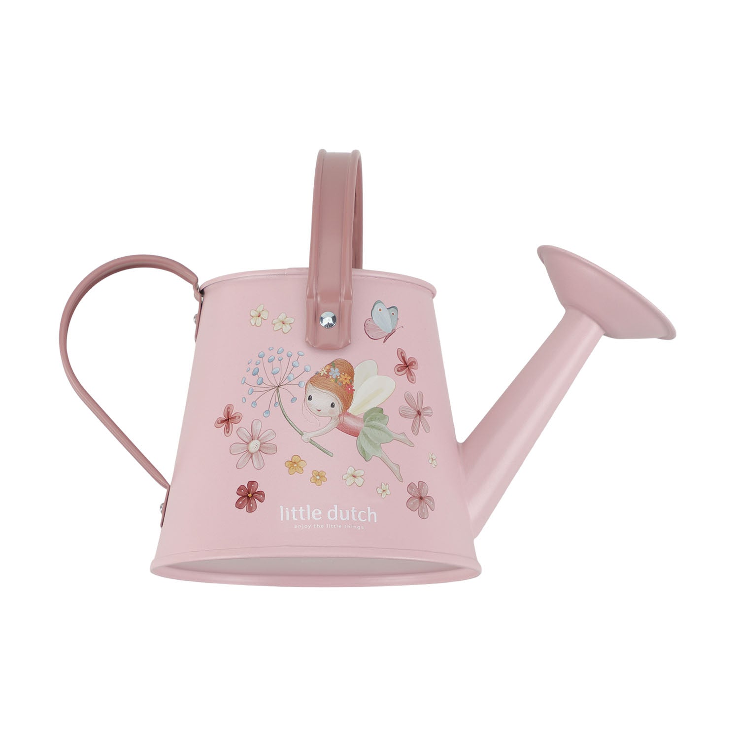 Little dutch watering can in pink fairy garden design.