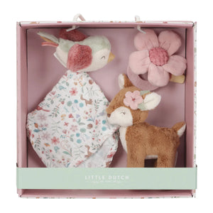 Little Dutch Fairy Garden gift set open showing cuddle cloth, deer toy and flower teething ring inside box