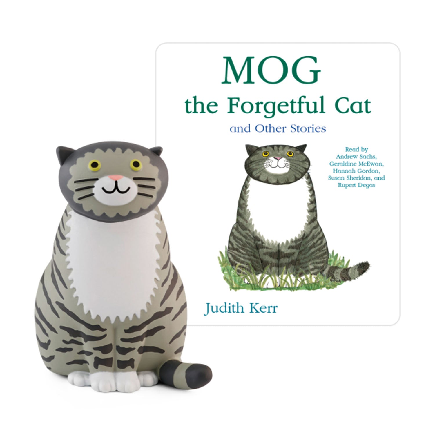 The Mog the Forgetful Cat Tonie figure sitting next to its illustrated story booklet packaging.