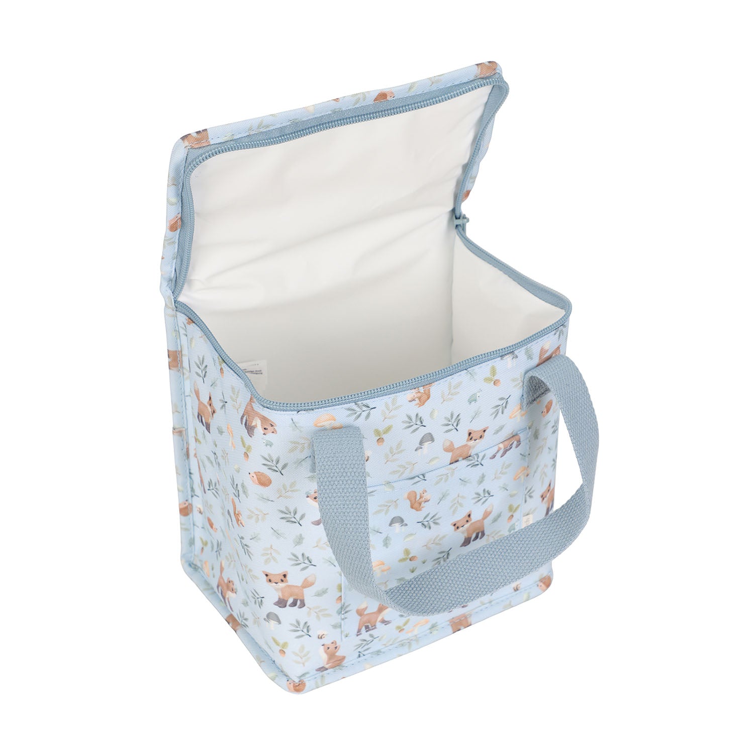 Little Dutch Forest Friends cooler bag displaying its white insulated thermal interior.