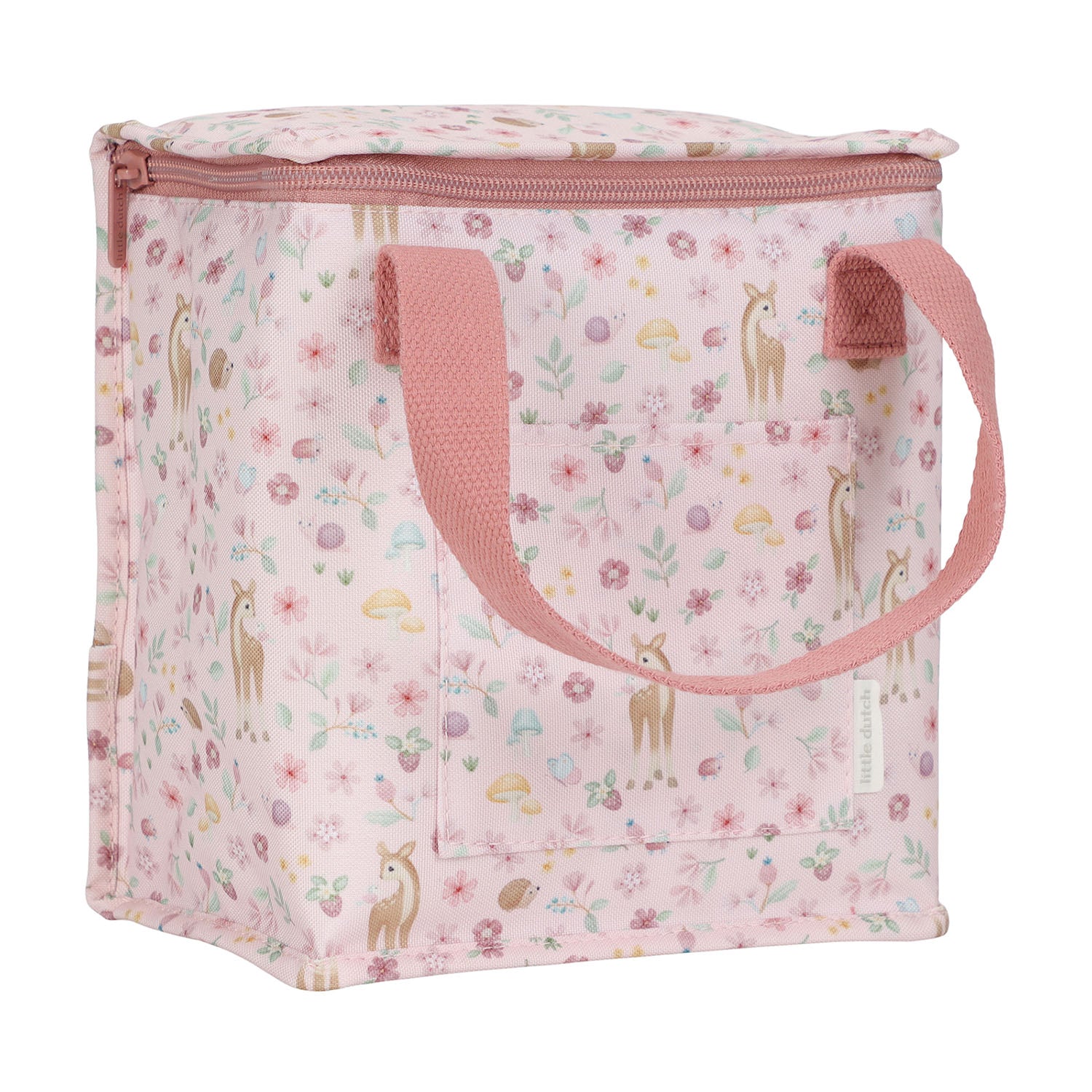 Pink Little Dutch insulated cooler bag featuring a Fairy Garden floral pattern and sturdy pink carrying handles.
