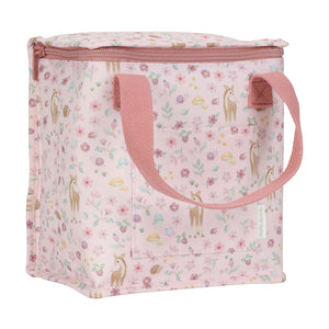 Pink Little Dutch insulated cooler bag featuring a Fairy Garden floral pattern and sturdy pink carrying handles.