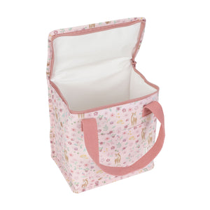 Open pink Little Dutch Fairy Garden cooler bag displaying its white insulated thermal interior.