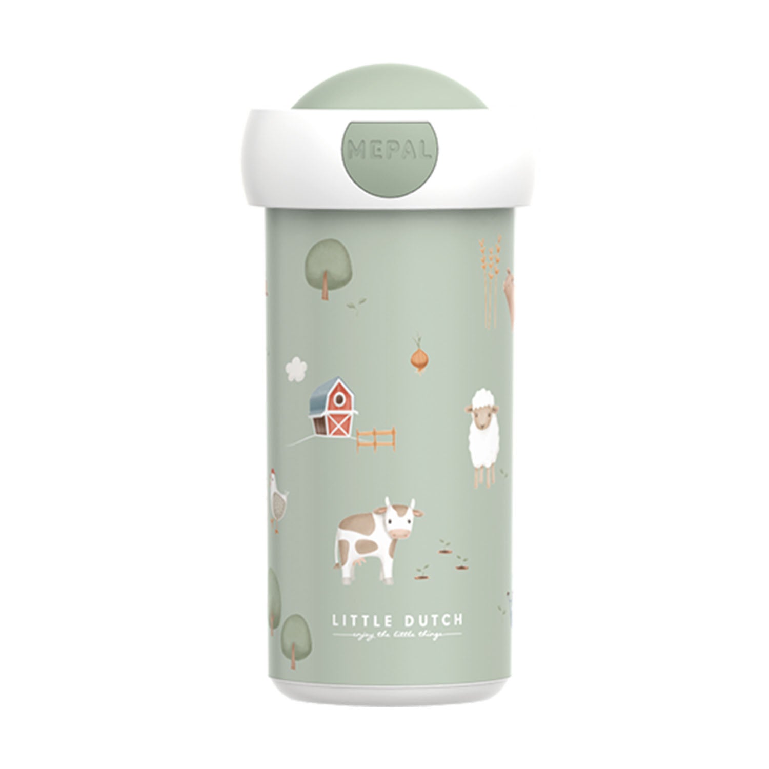 Front view of the Little Dutch Mepal school beaker in the little farm design, featuring farm animal illustrations and a white lid, on a solid white background.