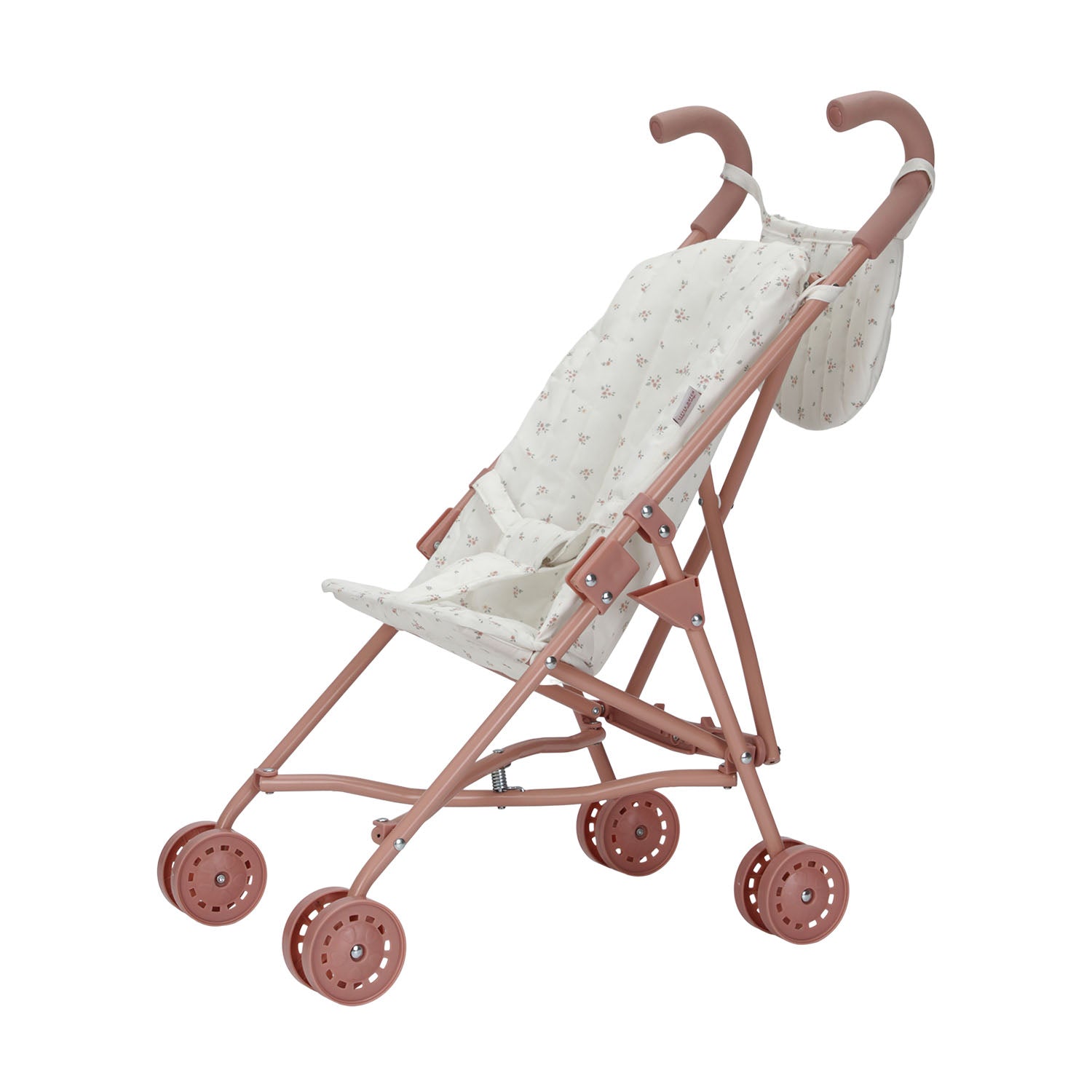Angled view of the Little Dutch metal doll stroller featuring a pink frame, pink wheels, and a patterned light-colored fabric seat.