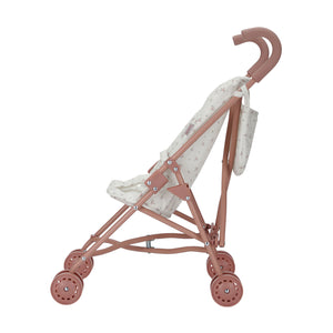 Side profile of the Little Dutch metal doll stroller, highlighting its lightweight frame, handles, and wheels.