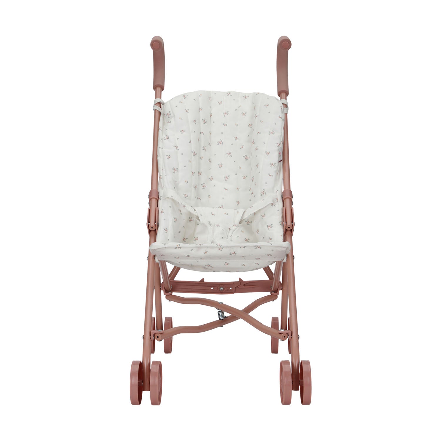 Direct front view of the empty Little Dutch doll stroller showing the fabric seat pattern and structural frame.