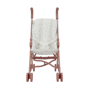 Direct front view of the empty Little Dutch doll stroller showing the fabric seat pattern and structural frame.