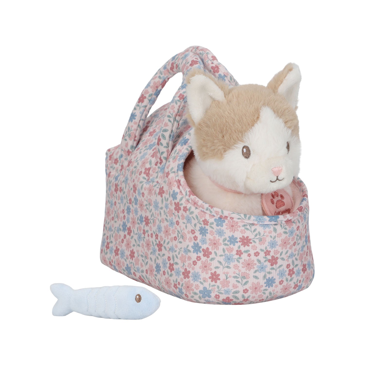 The plush beige and white cat, Marley, sitting inside the pink and blue floral print carry bag, with the light blue toy fish resting on the ground in front of it.