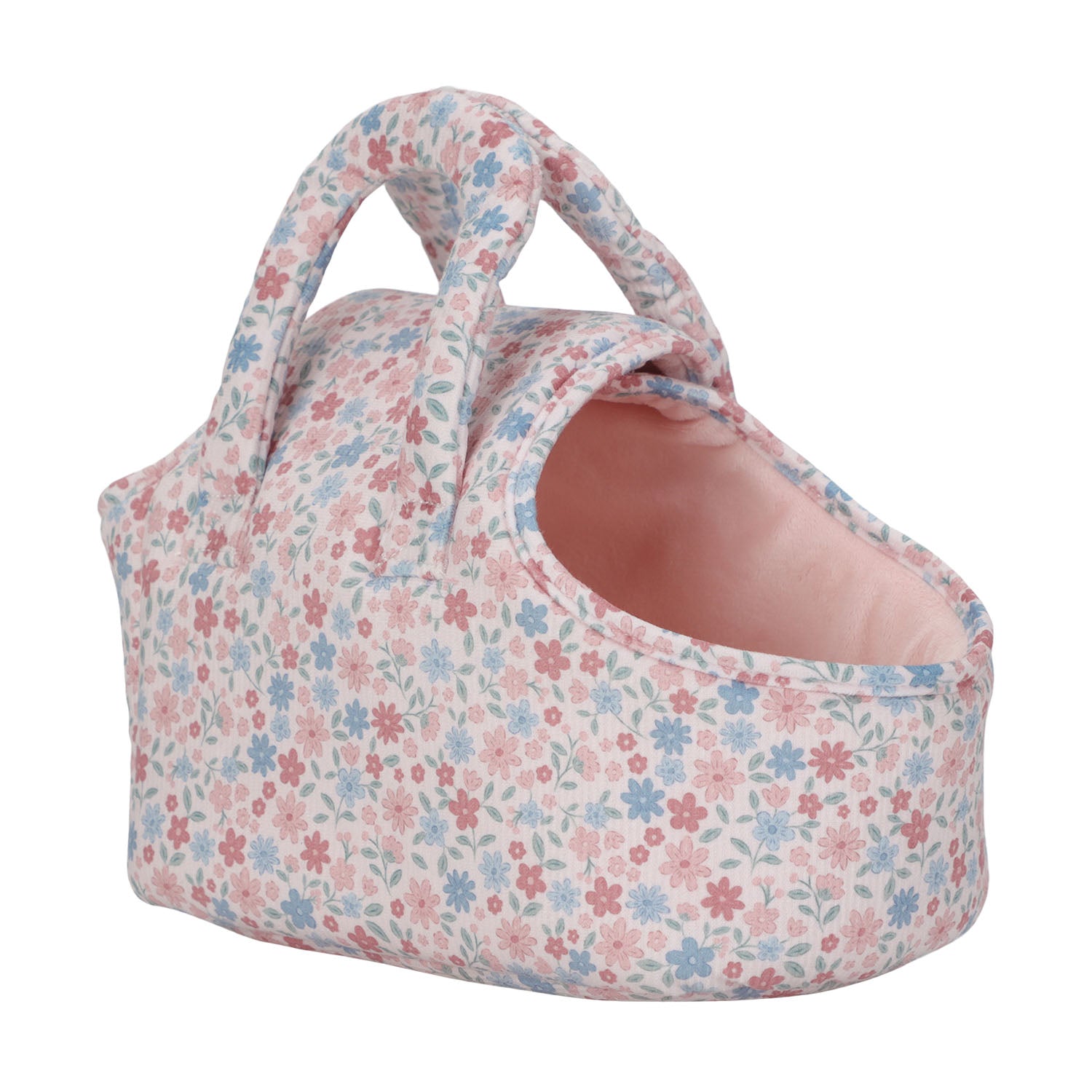 An empty pink and blue floral print plush carry bag showing its front opening and soft pink interior.