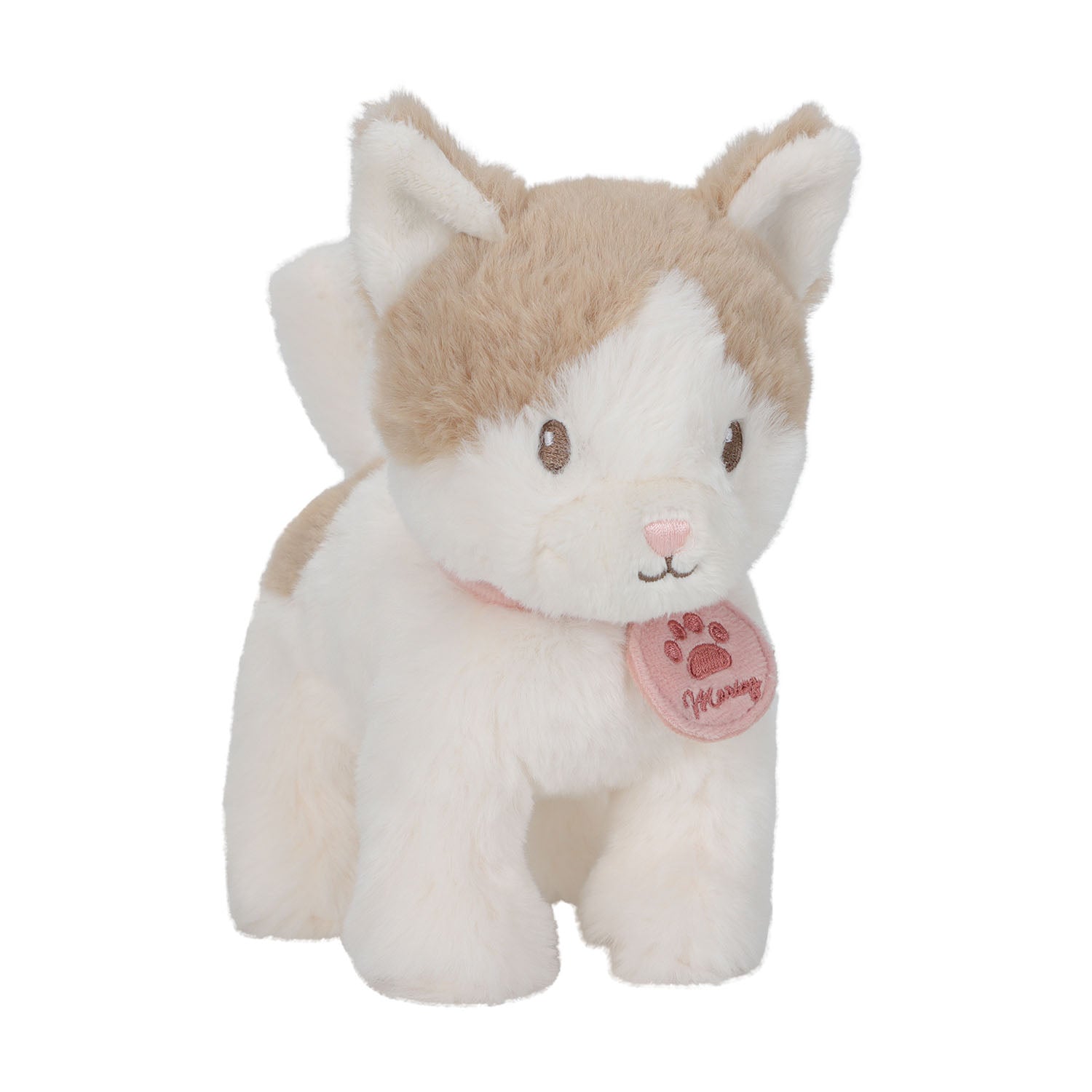 The plush cat, Marley, standing upright on its own, showing its white and beige fur and pink collar.