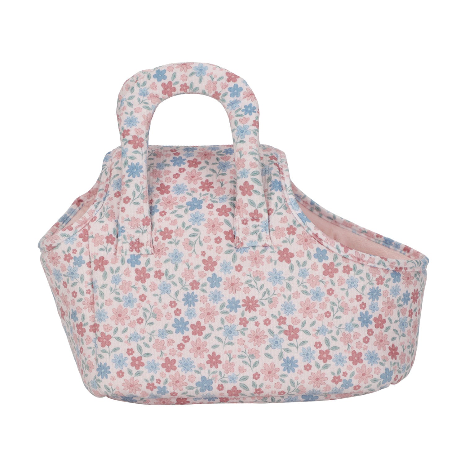 A side-angle view of the empty floral print carry bag, highlighting its curved design and stitched fabric handles.