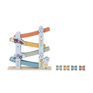 A front-facing product shot of the blue wooden ramp racer against a white background, with four little toy cars lined up to the right.