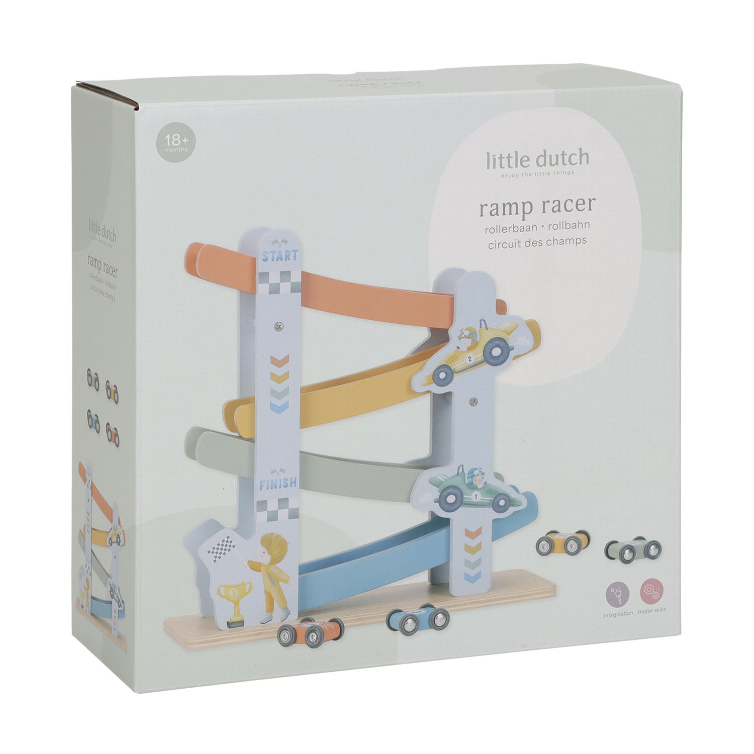 The product packaging box for the blue transport-themed Little Dutch Ramp Racer toy.