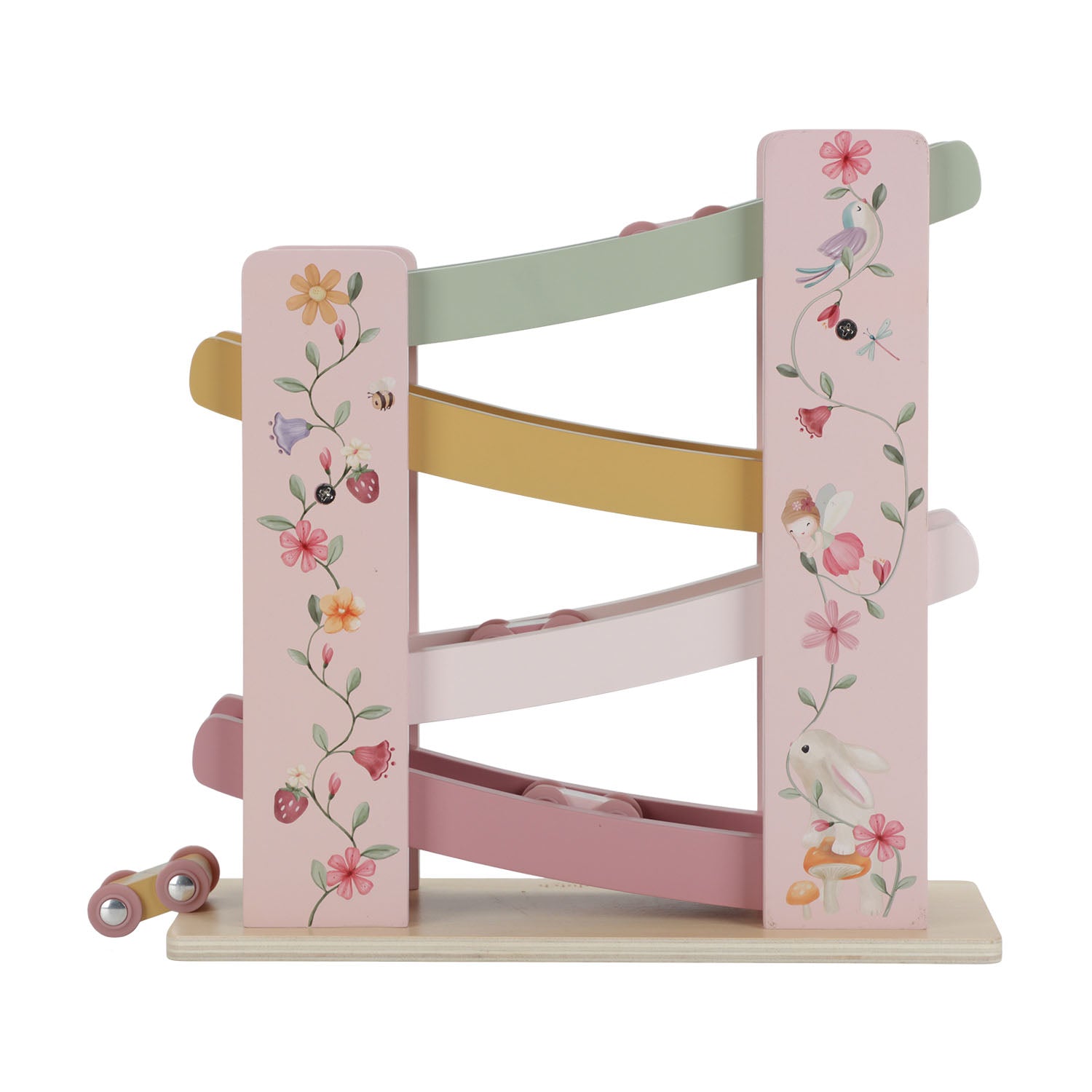A front-facing product shot of the pink wooden ramp racer with flower and insect illustrations on its vertical supports, set against a plain white background.