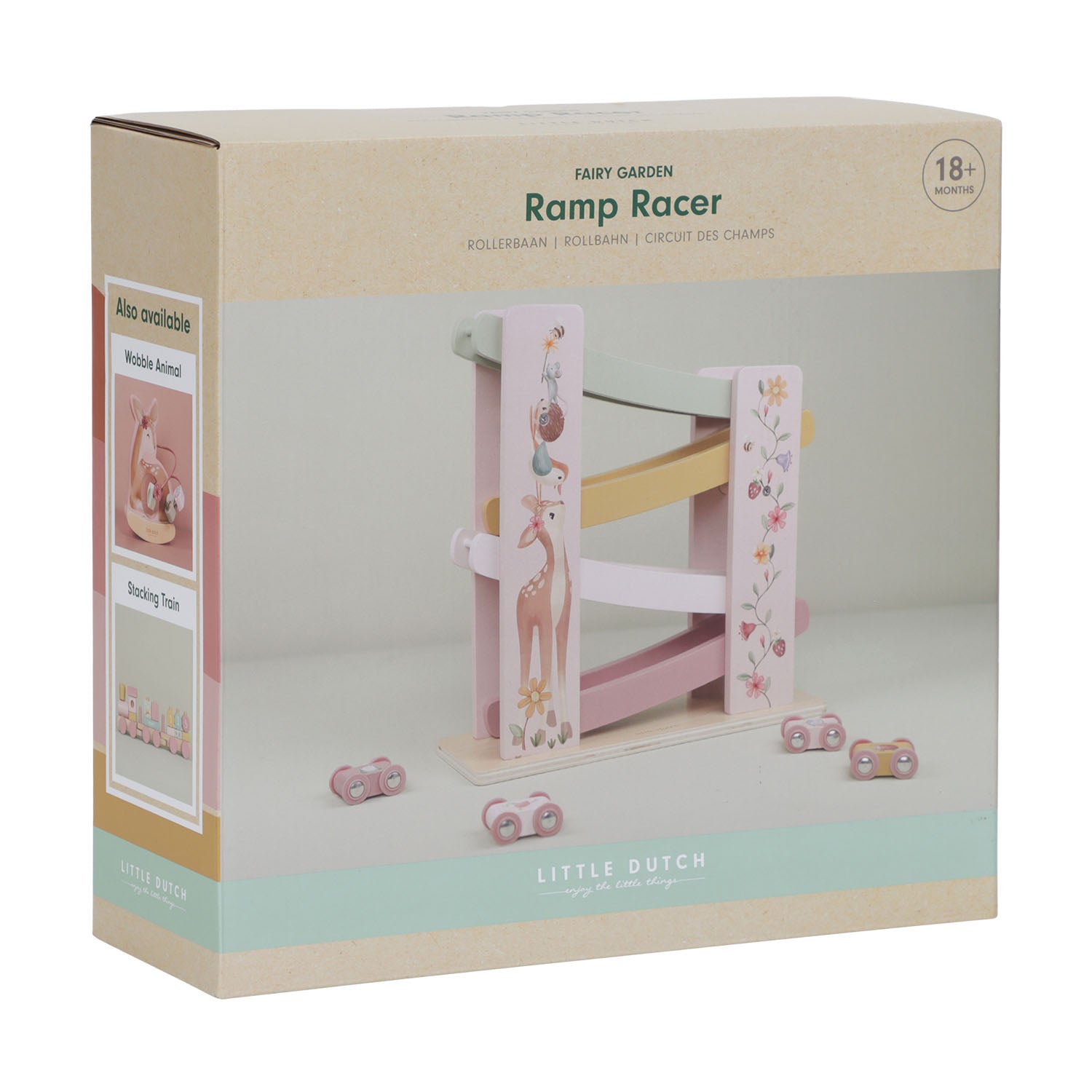 The product packaging box for the pink, flower-themed Little Dutch Ramp Racer toy.