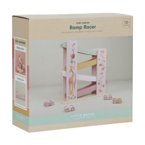 The product packaging box for the pink, flower-themed Little Dutch Ramp Racer toy.