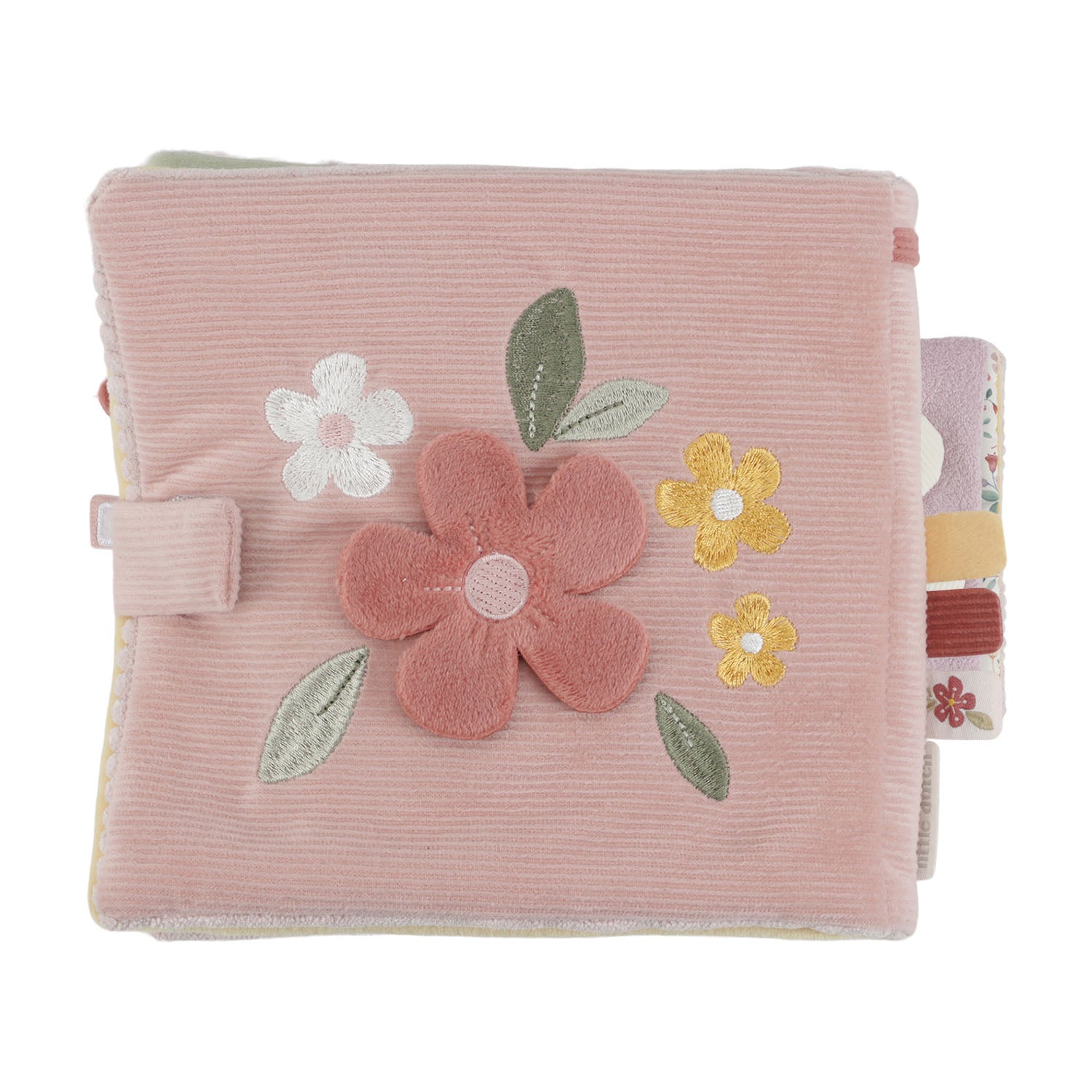 Pink textured blanket with floral appliqués on a white background