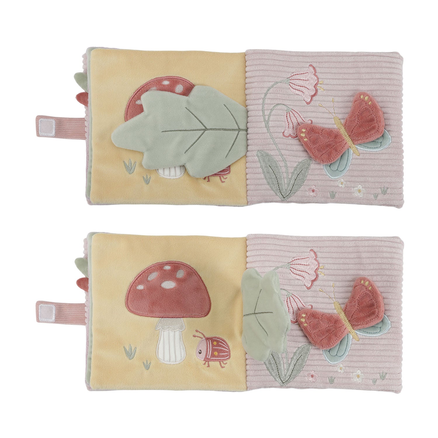 Children's soft book with nature-themed illustrations on a white background
