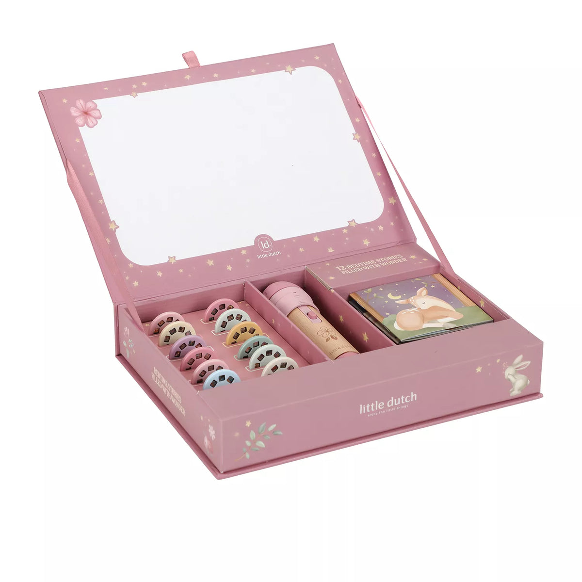 A pink gift set box from little dutch, opened to reveal a tourch light, discs and a booklet with a bunny illustration.
