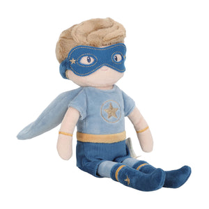 High-quality fabric detail of the soft-bodied Superhero Jim plush toy for children.