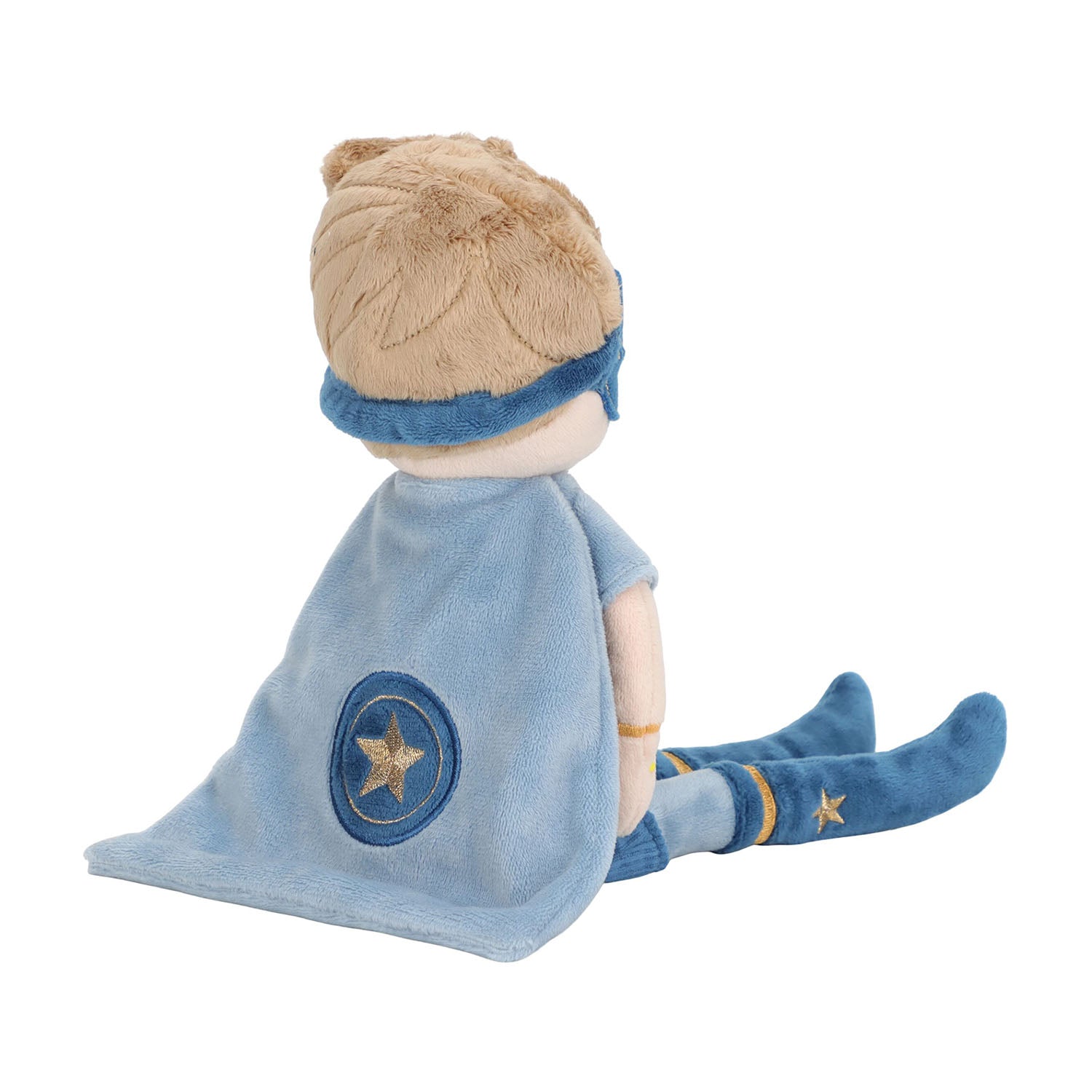 Detailed embroidery of the golden star emblem on Superhero Jim’s blue hero suit.