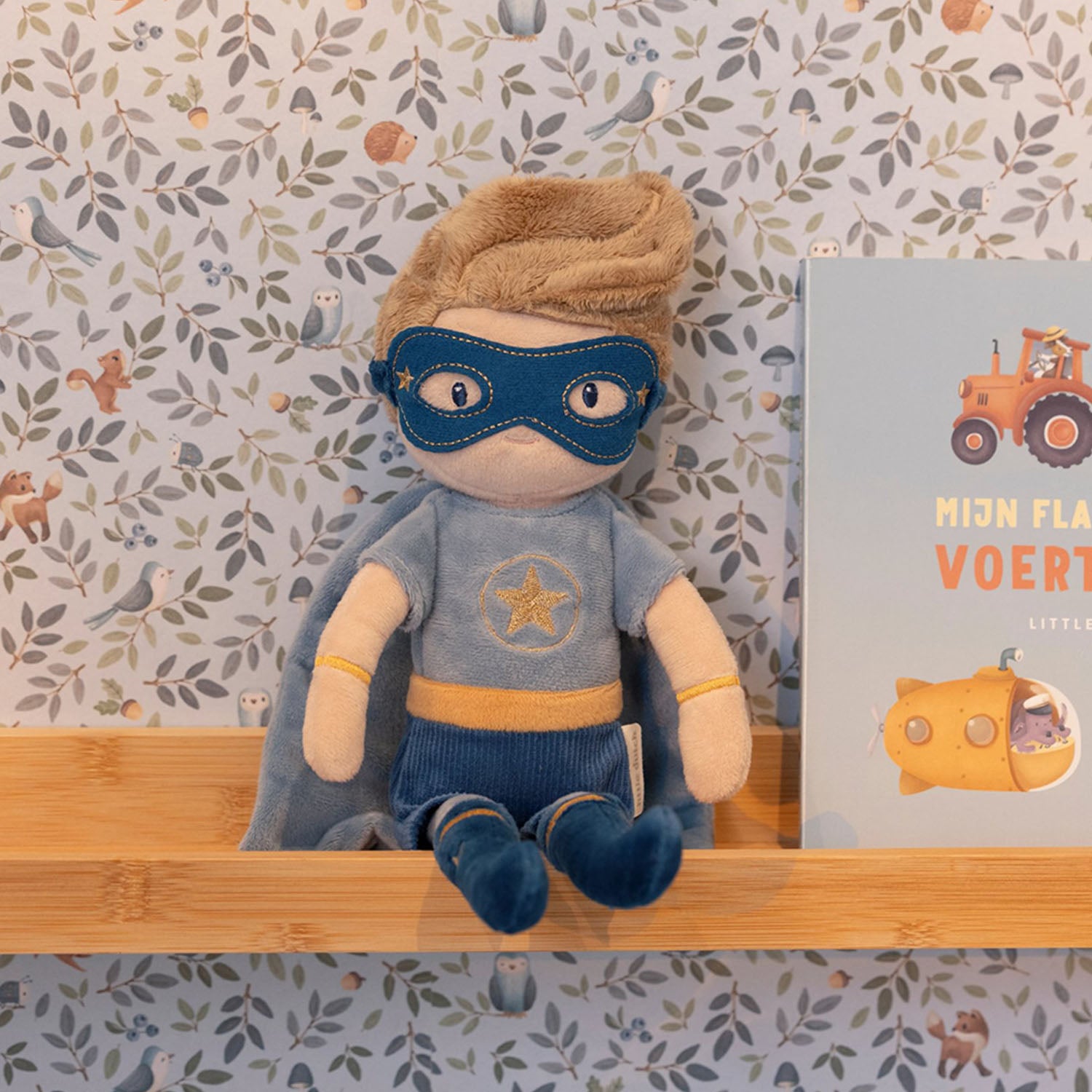 Little Dutch Superhero Jim blue plush cuddle doll with mask and cape.