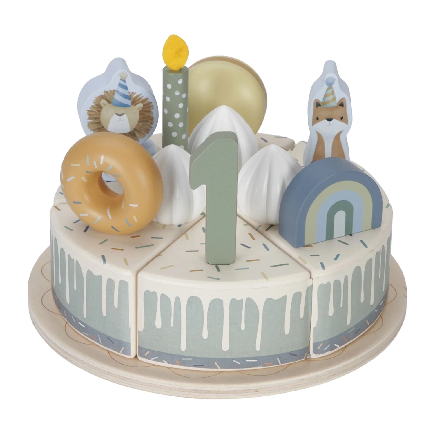 Little Dutch wooden birthday cake (LD8015) fully assembled on a white background with a number 1 topper, donut, rainbow, candles, and animal decorations.
