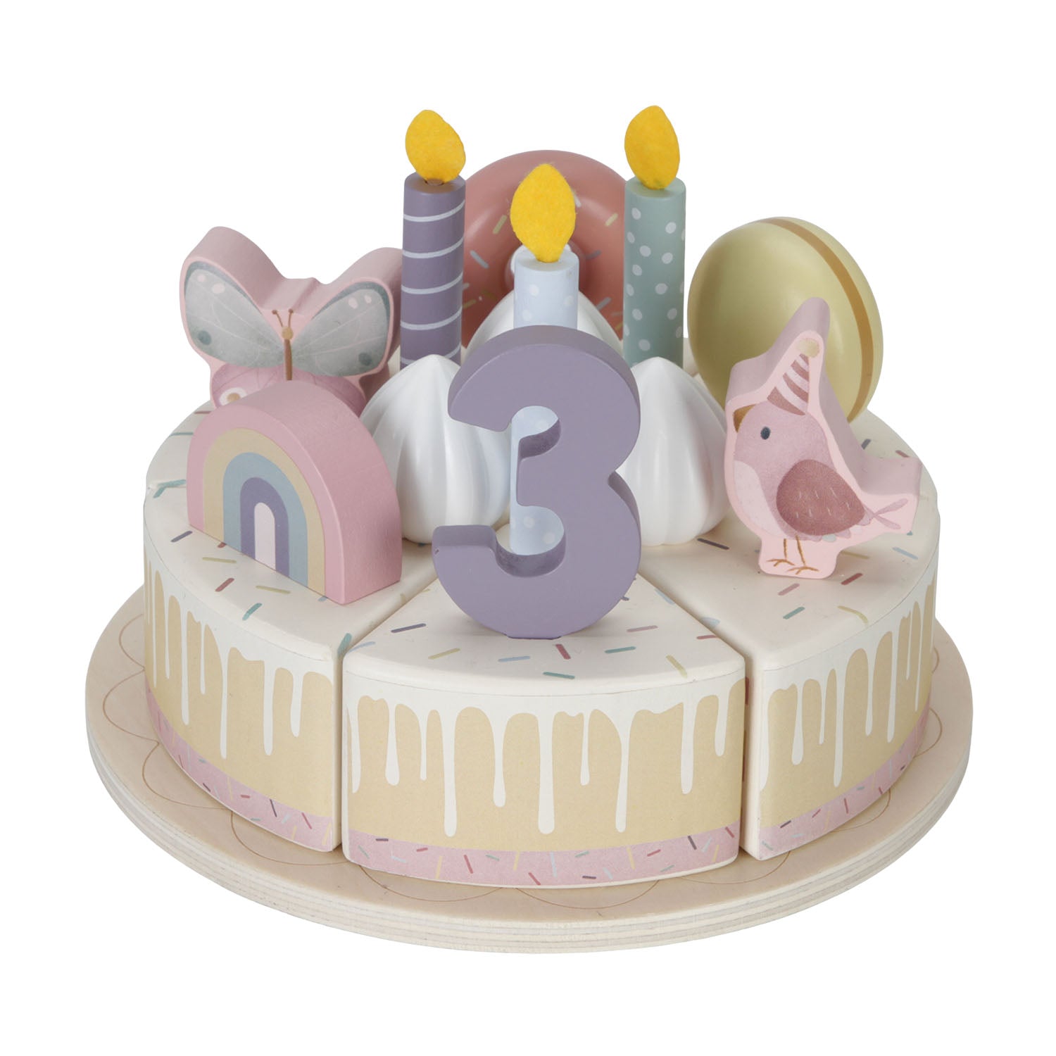 Pink version of the Little Dutch wooden birthday cake on a white background, decorated with a number 3 topper, macaron, rainbow, and animal figures.