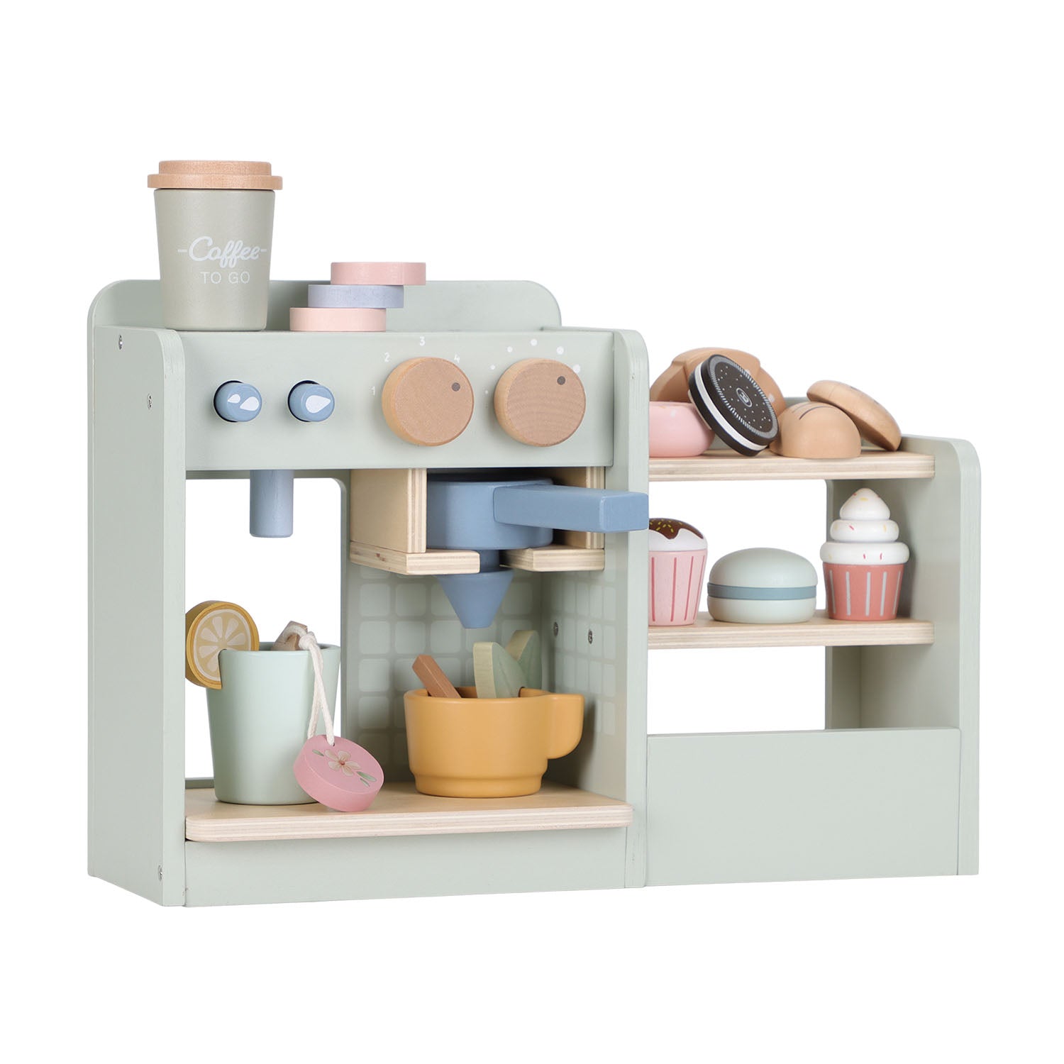 The Little Dutch Coffee Corner wooden toy set on a white background, featuring a mint green coffee machine with dials, alongside a display shelf stocked with toy cups and pastries.