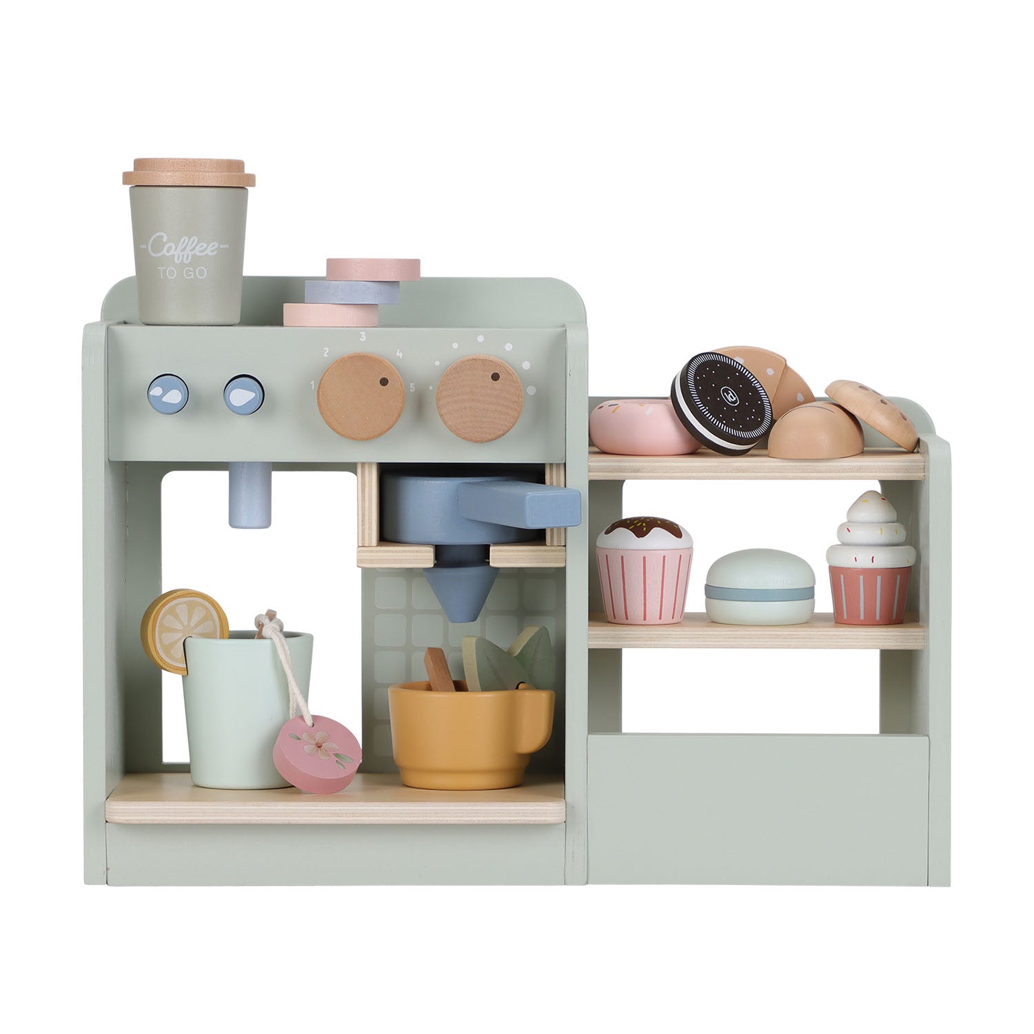 A slightly angled front view of the mint green Little Dutch Coffee Corner toy set and its accessories, isolated on a white background.