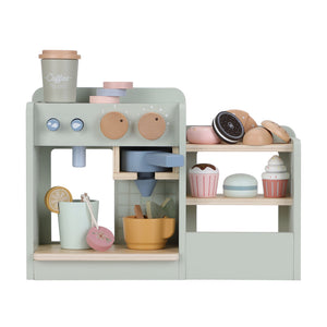 A slightly angled front view of the mint green Little Dutch Coffee Corner toy set and its accessories, isolated on a white background.