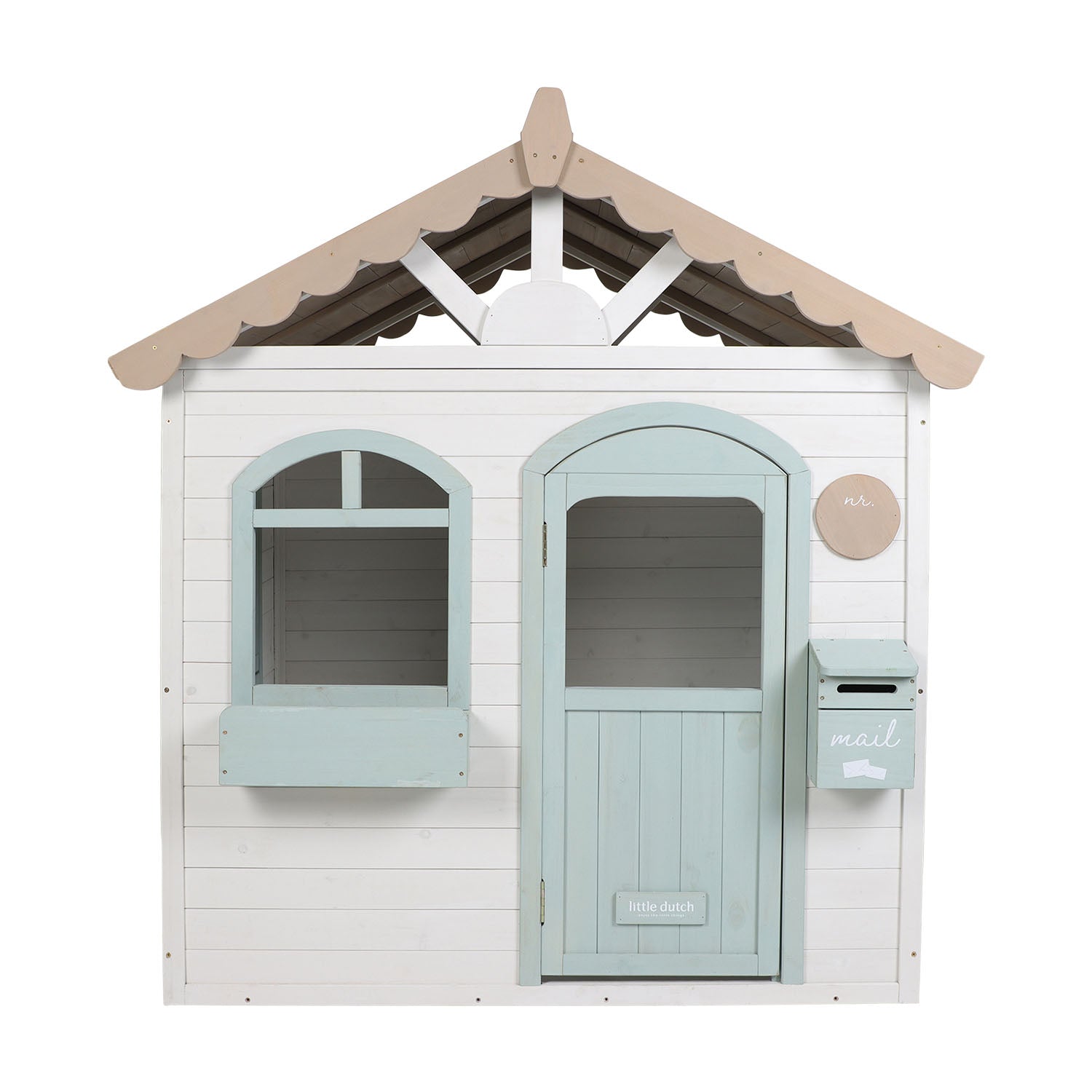 A front-facing shot of the Little Dutch Wooden Playhouse featuring soft pastel colors and a sturdy timber frame.