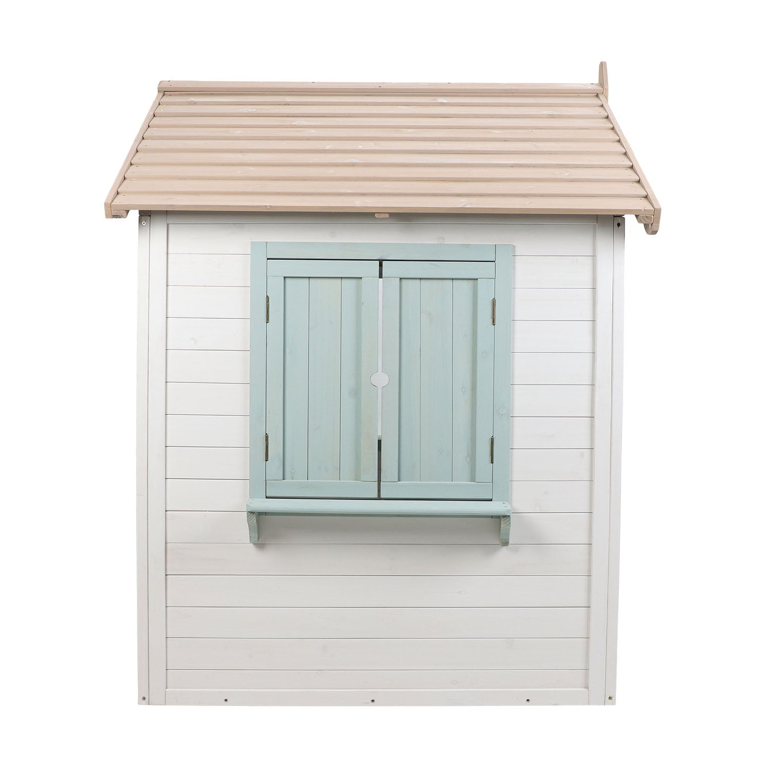 Small wooden shed with a light blue door and beige roof on a white background